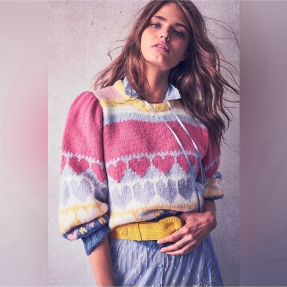 Loveshackfancy Shirelle Heart Knit Alpaca Wool Intarsia Pullover Sweater L